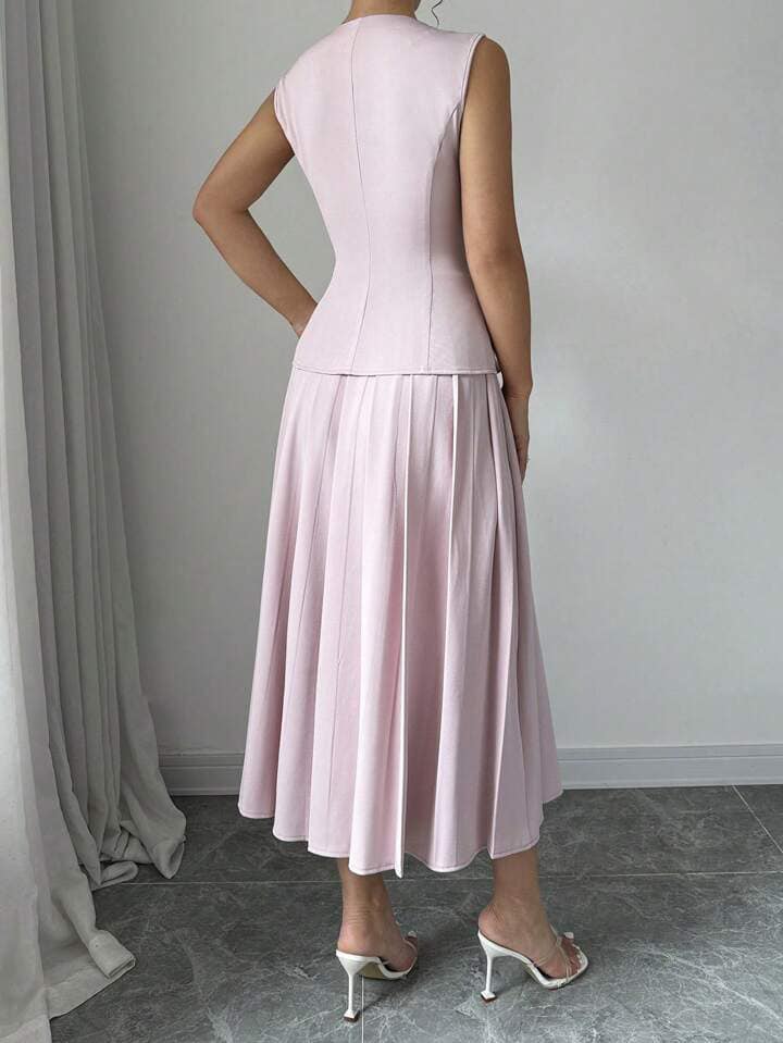 CM-SS271984 Women Elegant Seoul Style Sleeveless Vest With Pleated Midi Suit Skirt - Pink