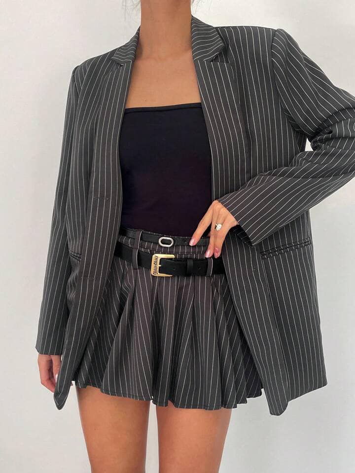 CM-SS284288 Women Elegant Seoul Style Loose Long Sleeve Blazer With Pleated Mini Skirt - Set