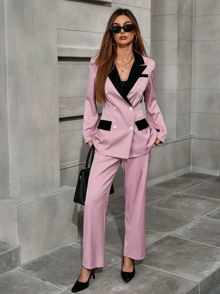 CM-SS045684 Women Elegant Seoul Style Collared Color Block Long Sleeve Blazer With Straight Leg Pants Suit - Pink