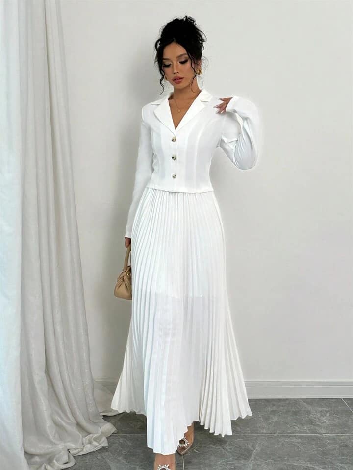 CM-SS729226 Women Elegant Seoul Style Lapel Neckline Long Sleeve Blazer With Pleated Skirt - Set