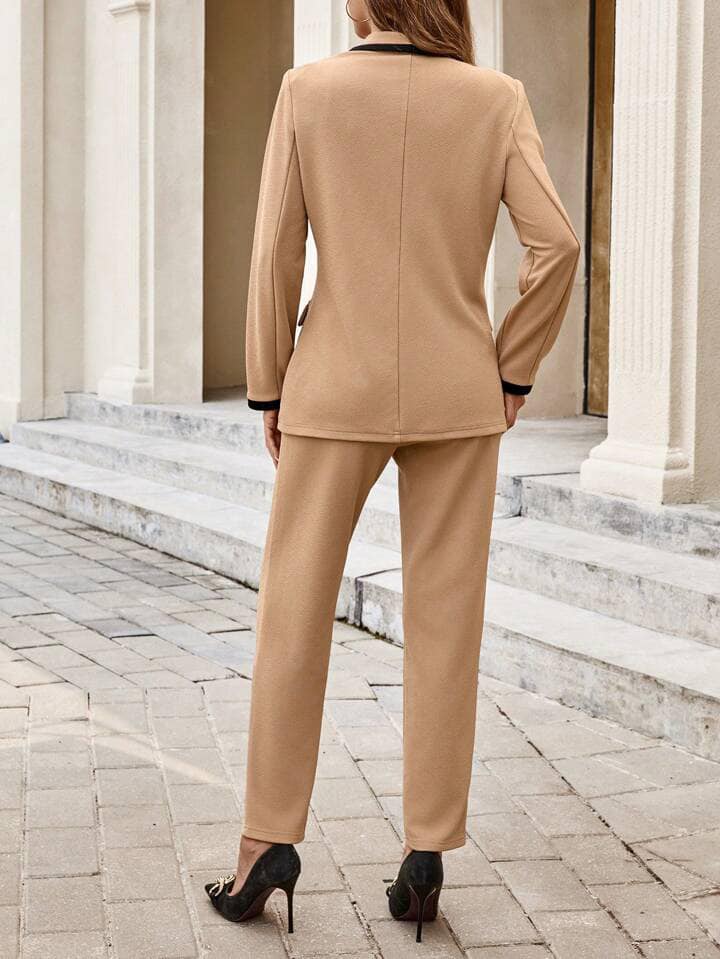 CM-SS955823 Women Elegant Seoul Style Contrast Trim Crew Neck Blouse With Pockets Pants Suit - Khaki