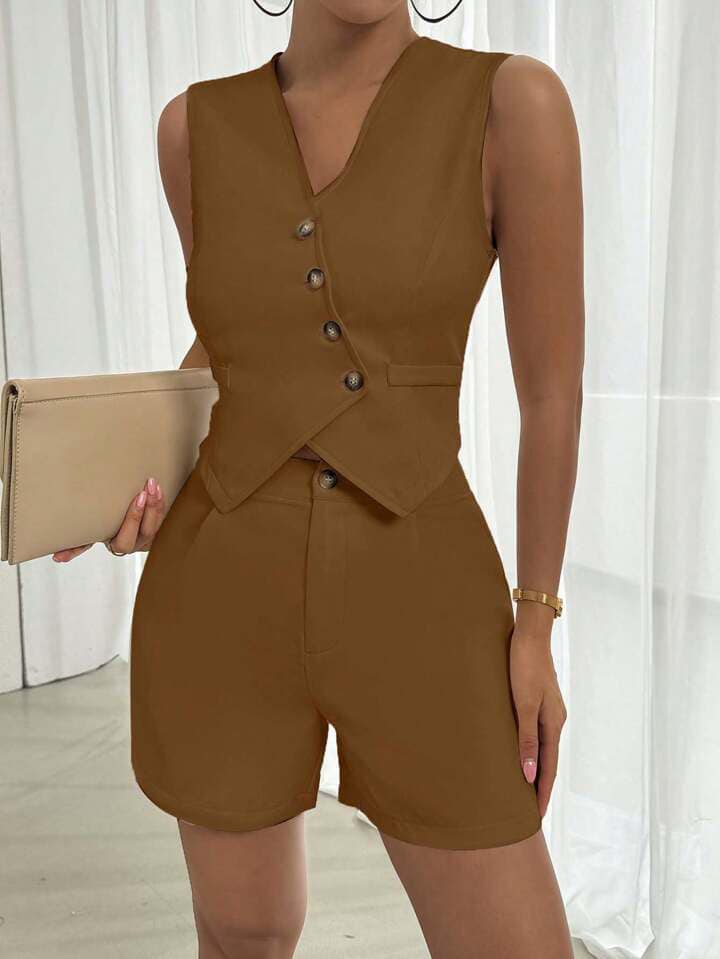 CM-SS978393 Women Casual Seoul Style Solid Color V-Neck Sleeveless Top With Shorts Suit - Brown