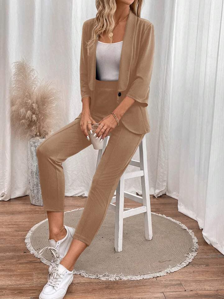 CM-SS063767 Women Elegant Seoul Style Shawl Neck Long Sleeve Minimalist Top With Pants Suit - Khaki