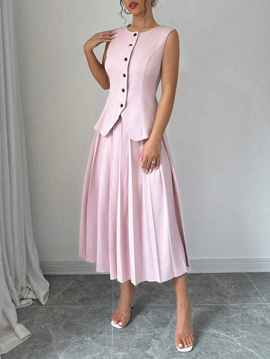 CM-SS271984 Women Elegant Seoul Style Sleeveless Vest With Pleated Midi Suit Skirt - Pink