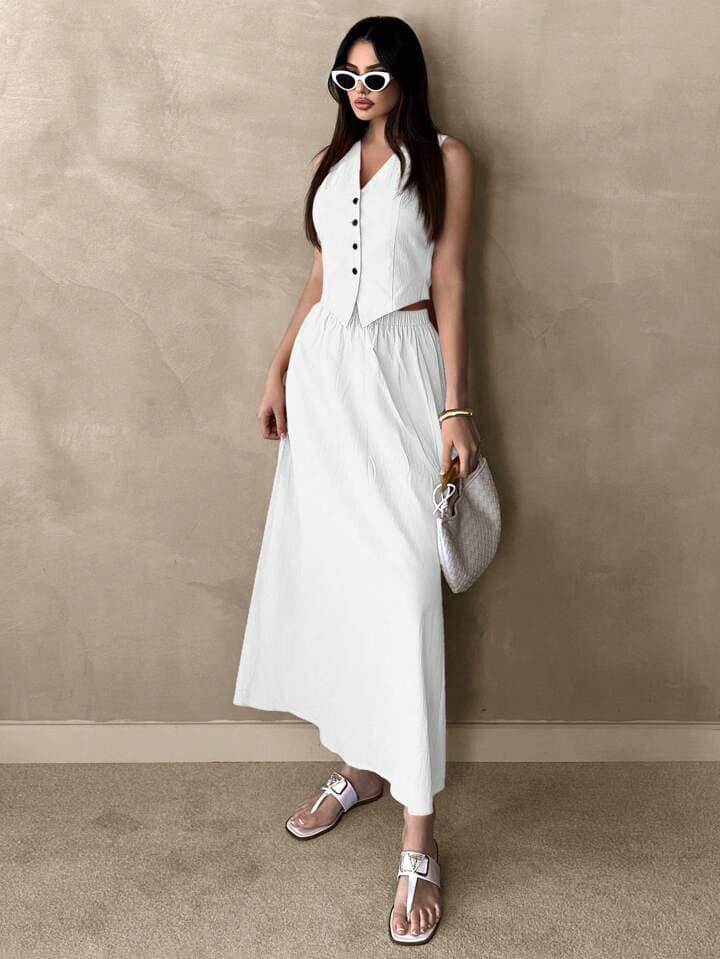 CM-SS469663 Women Casual Seoul Style V-Neck Sleeveless Button Front Waistcoat With Suit Skirt - White