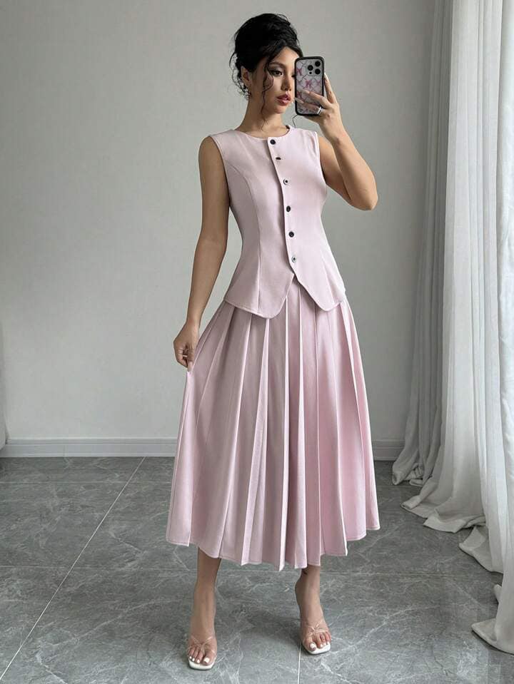 CM-SS271984 Women Elegant Seoul Style Sleeveless Vest With Pleated Midi Suit Skirt - Pink