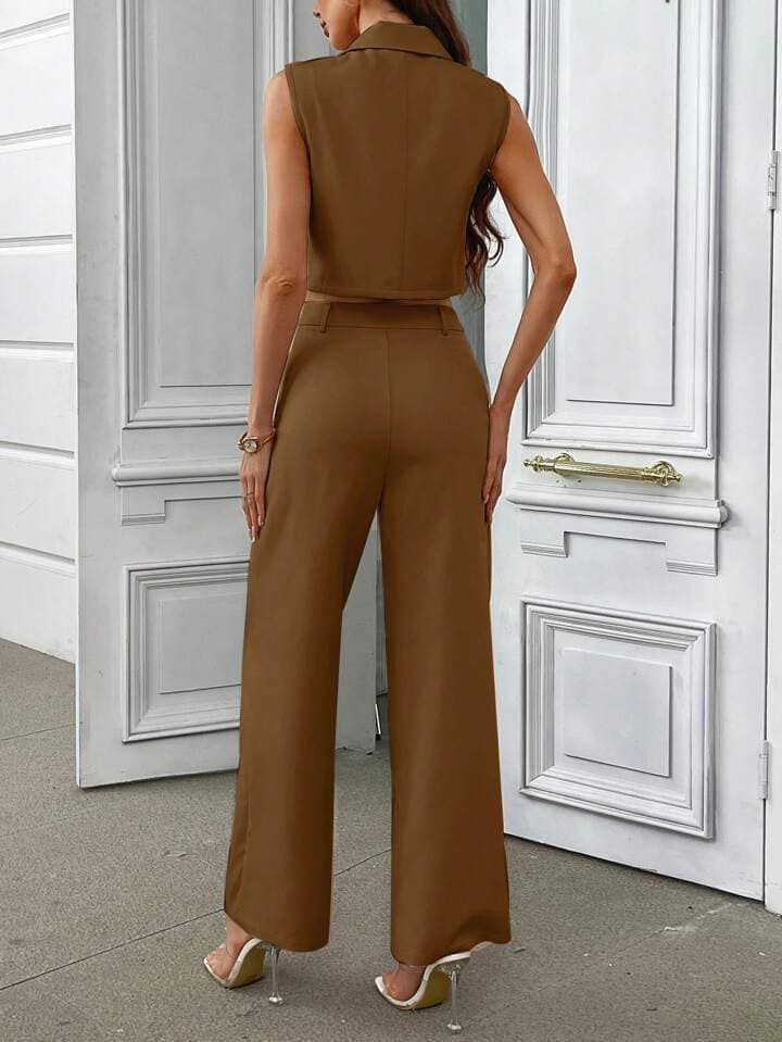 CM-SS199272 Women Elegant Seoul Style Lapel Button Sleeveless Top With Belted Pants Suit - Brown