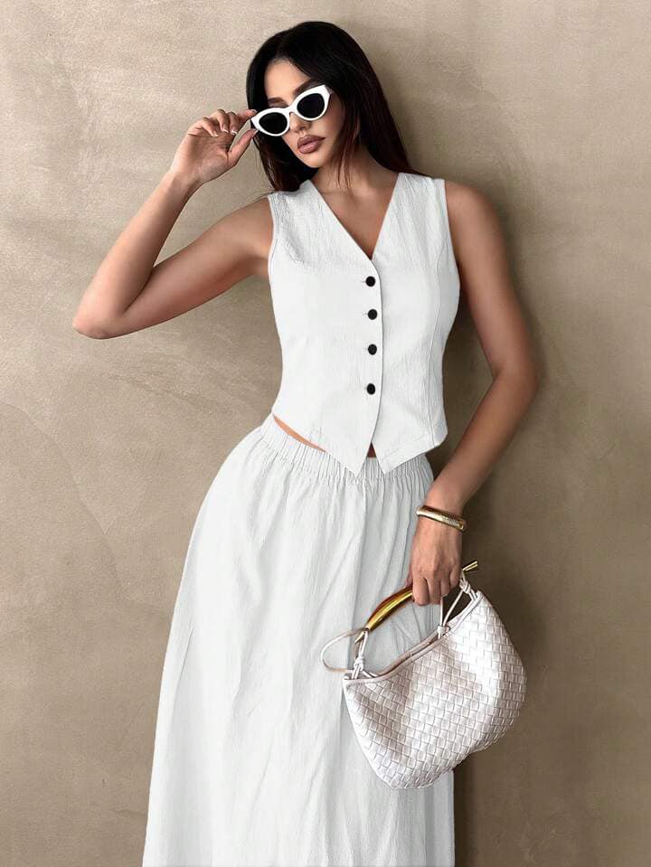 CM-SS469663 Women Casual Seoul Style V-Neck Sleeveless Button Front Waistcoat With Suit Skirt - White