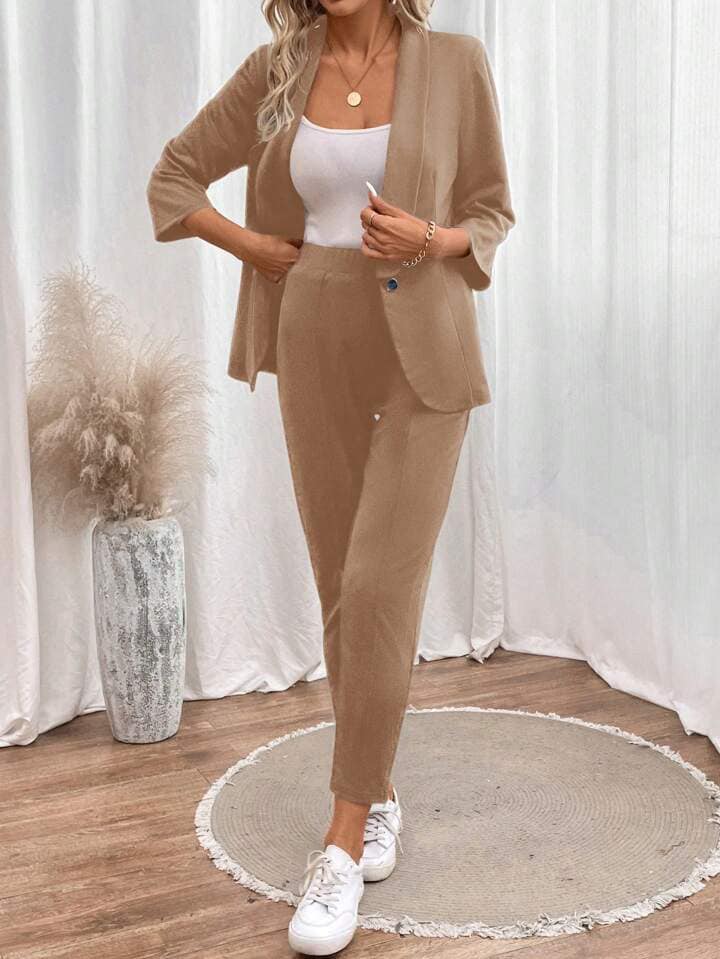 CM-SS063767 Women Elegant Seoul Style Shawl Neck Long Sleeve Minimalist Top With Pants Suit - Khaki