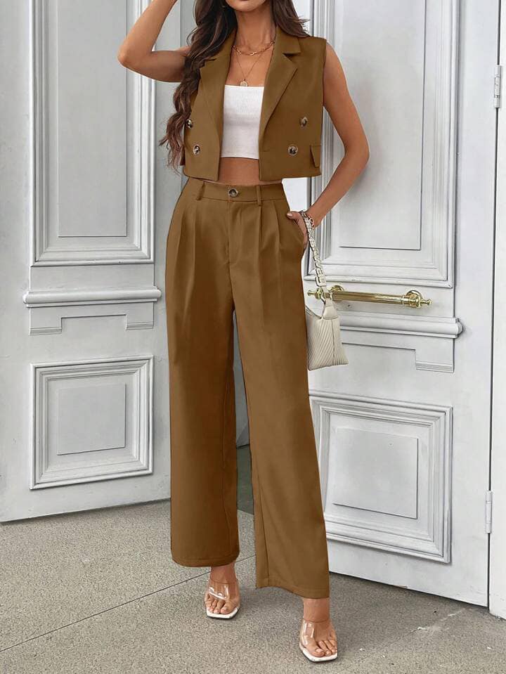 CM-SS199272 Women Elegant Seoul Style Lapel Button Sleeveless Top With Belted Pants Suit - Brown