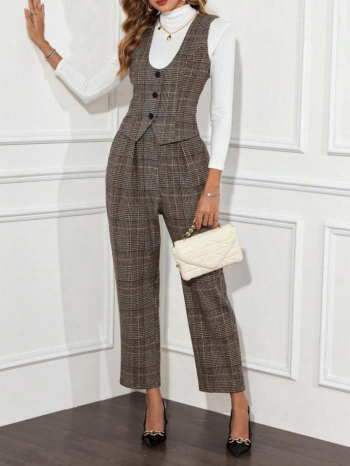 CM-SS659399 Women Elegant Seoul Style Plaid Waistcoat With Pleated Suit Pants