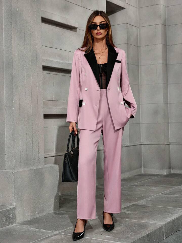 CM-SS045684 Women Elegant Seoul Style Collared Color Block Long Sleeve Blazer With Straight Leg Pants Suit - Pink