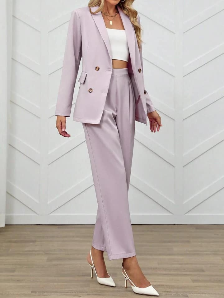 CM-SS076672 Women Elegant Seoul Style Long Sleeve Double Button Lapel Jacket With Suit Pants - Dusty Pink