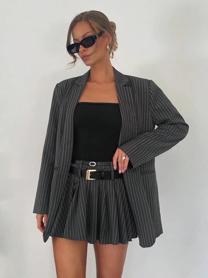 CM-SS284288 Women Elegant Seoul Style Loose Long Sleeve Blazer With Pleated Mini Skirt - Set