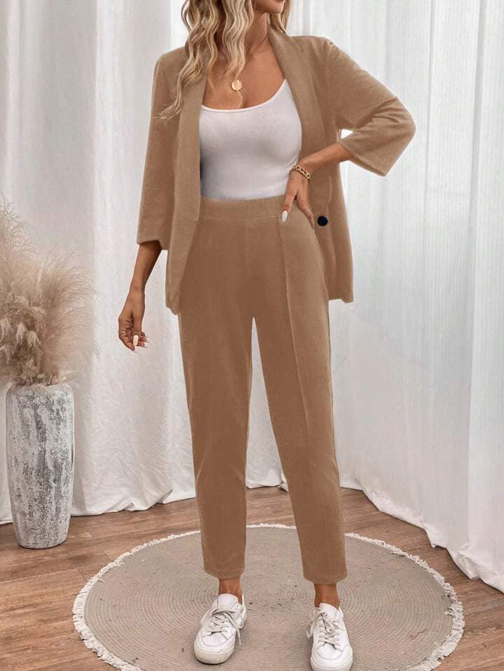 CM-SS063767 Women Elegant Seoul Style Shawl Neck Long Sleeve Minimalist Top With Pants Suit - Khaki