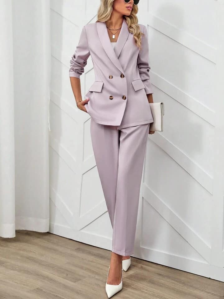 CM-SS076672 Women Elegant Seoul Style Long Sleeve Double Button Lapel Jacket With Suit Pants - Dusty Pink