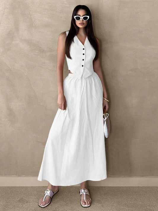 CM-SS469663 Women Casual Seoul Style V-Neck Sleeveless Button Front Waistcoat With Suit Skirt - White