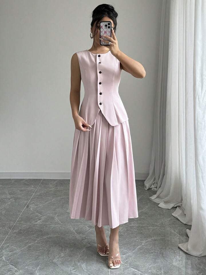 CM-SS271984 Women Elegant Seoul Style Sleeveless Vest With Pleated Midi Suit Skirt - Pink