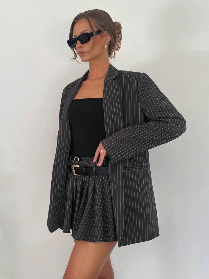 CM-SS284288 Women Elegant Seoul Style Loose Long Sleeve Blazer With Pleated Mini Skirt - Set