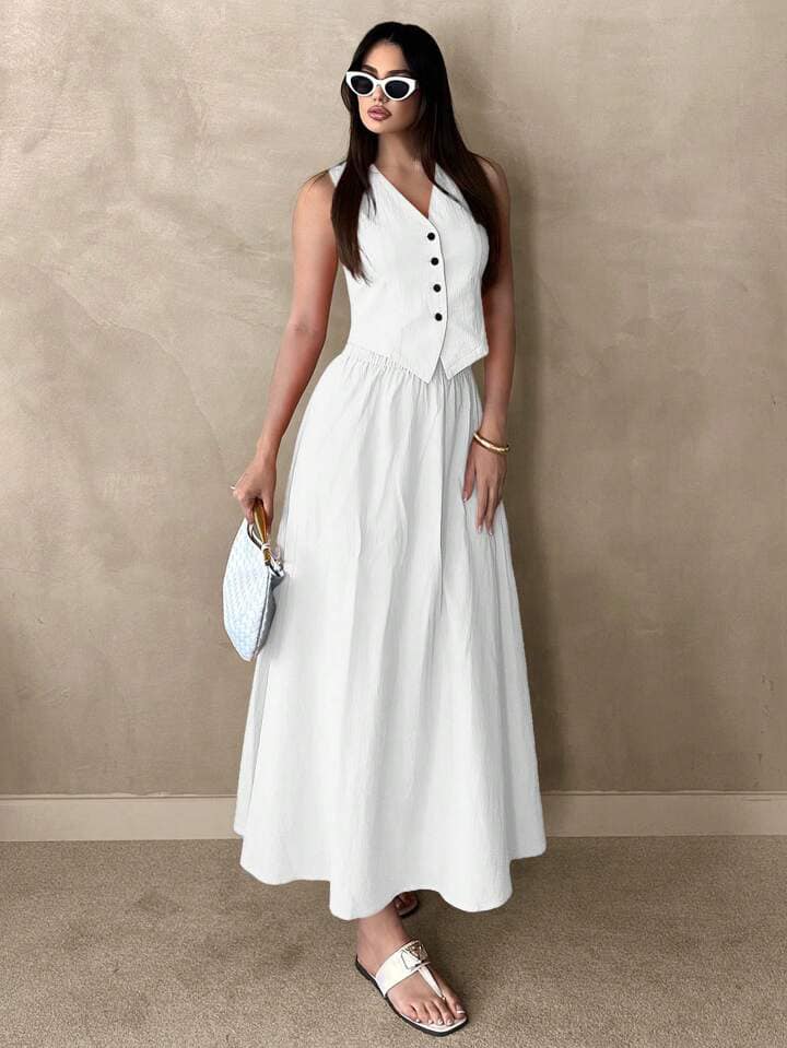 CM-SS469663 Women Casual Seoul Style V-Neck Sleeveless Button Front Waistcoat With Suit Skirt - White