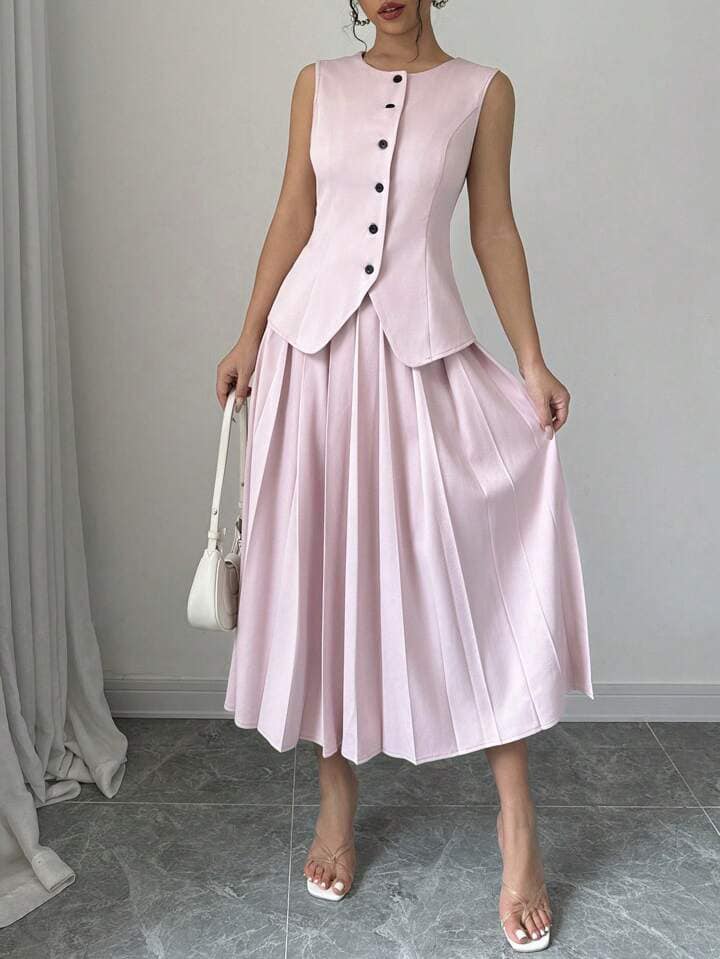 CM-SS271984 Women Elegant Seoul Style Sleeveless Vest With Pleated Midi Suit Skirt - Pink