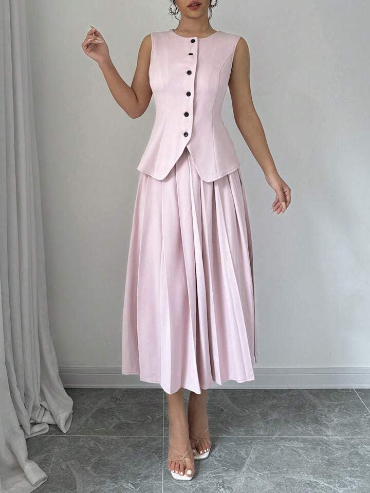 CM-SS271984 Women Elegant Seoul Style Sleeveless Vest With Pleated Midi Suit Skirt - Pink