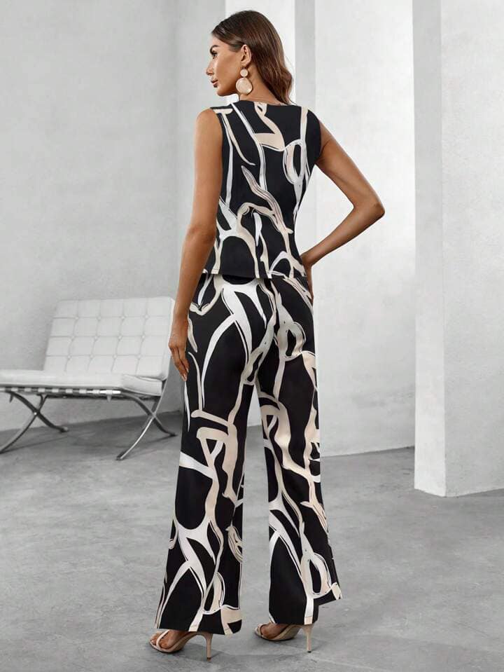 CM-SS420742 Women Casual Seoul Style Button Front Sleeveless Allover Print Top With Pants Suit Set