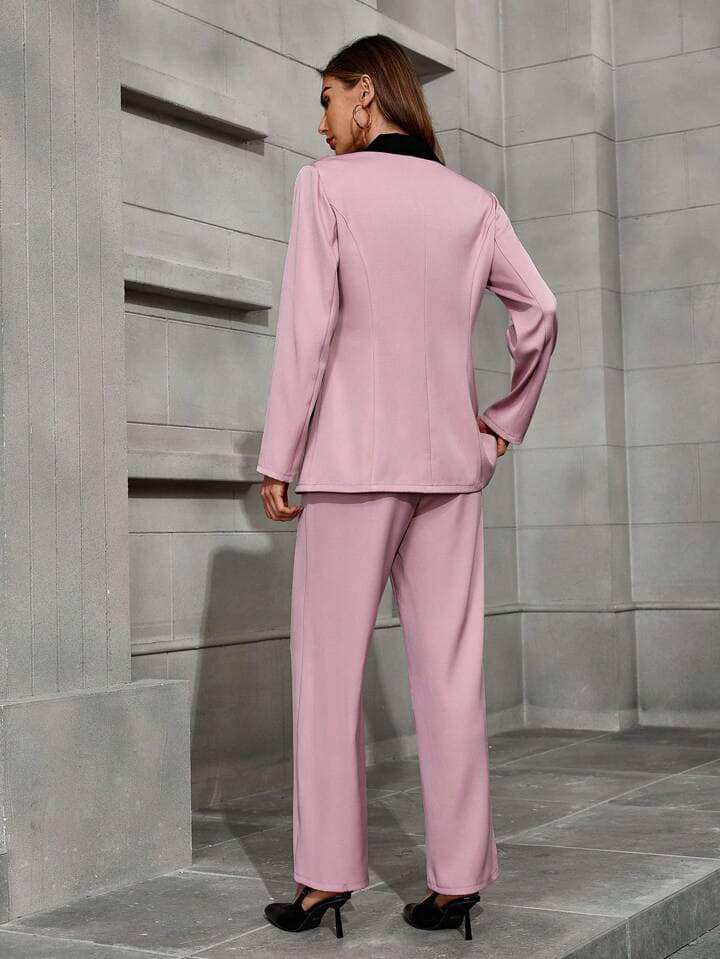 CM-SS045684 Women Elegant Seoul Style Collared Color Block Long Sleeve Blazer With Straight Leg Pants Suit - Pink