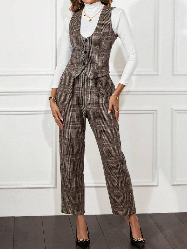 CM-SS659399 Women Elegant Seoul Style Plaid Waistcoat With Pleated Suit Pants