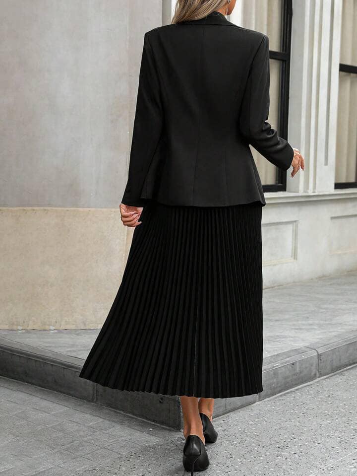 CM-SS118215 Women Elegant Seoul Style Fitted Long Sleeve Blazer Jacket With Pleated Maxi Skirt - Set