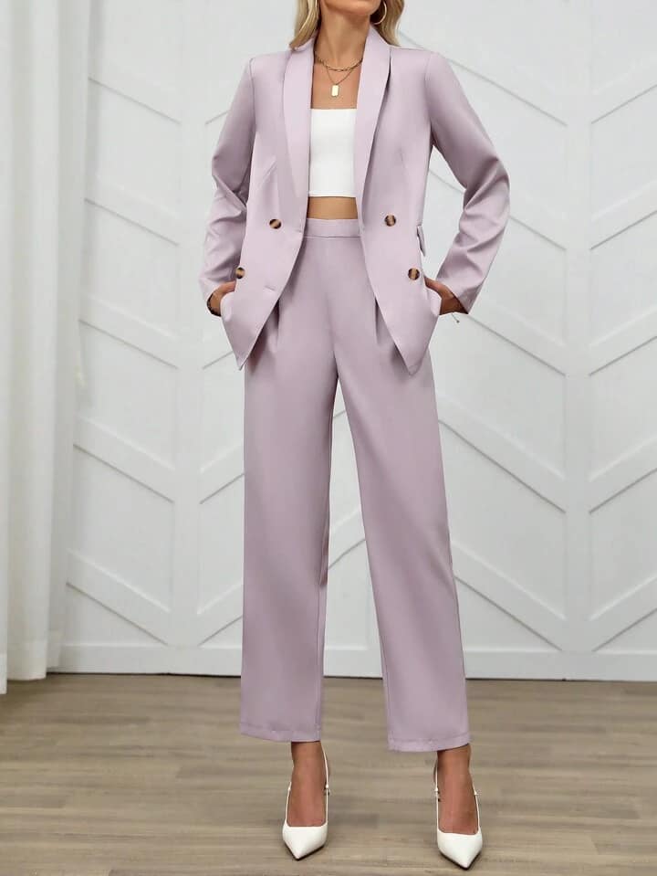 CM-SS076672 Women Elegant Seoul Style Long Sleeve Double Button Lapel Jacket With Suit Pants - Dusty Pink