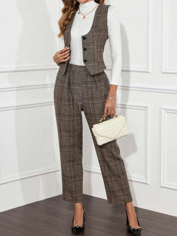 CM-SS659399 Women Elegant Seoul Style Plaid Waistcoat With Pleated Suit Pants