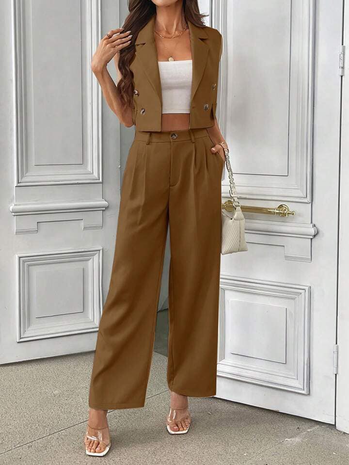 CM-SS199272 Women Elegant Seoul Style Lapel Button Sleeveless Top With Belted Pants Suit - Brown