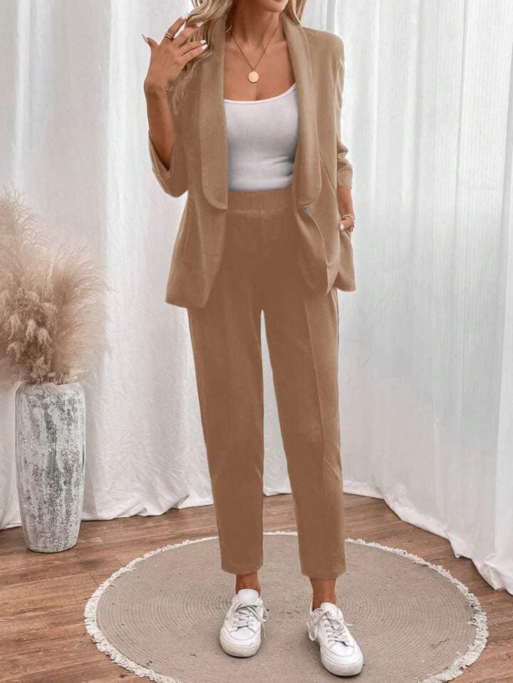 CM-SS063767 Women Elegant Seoul Style Shawl Neck Long Sleeve Minimalist Top With Pants Suit - Khaki