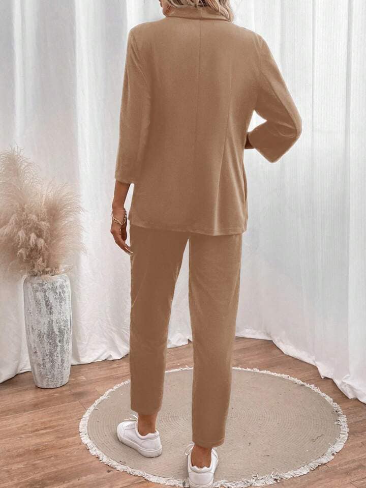 CM-SS063767 Women Elegant Seoul Style Shawl Neck Long Sleeve Minimalist Top With Pants Suit - Khaki