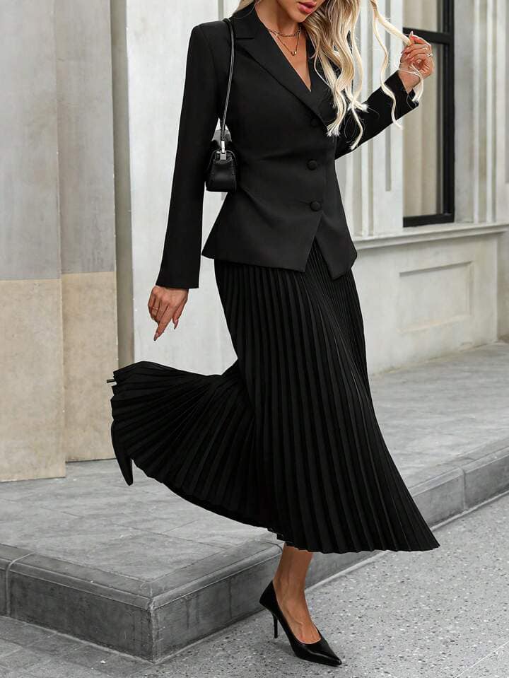 CM-SS118215 Women Elegant Seoul Style Fitted Long Sleeve Blazer Jacket With Pleated Maxi Skirt - Set