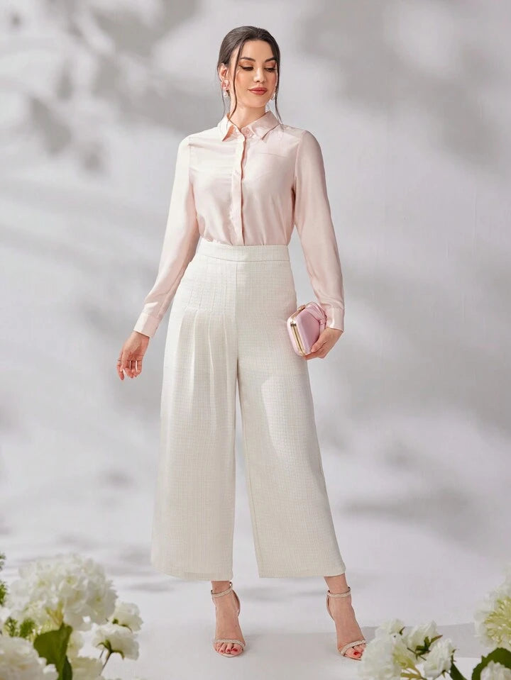 CM-BS679778 Women Elegant Seoul Style Solid Color High Waist Wide Leg Trousers - Apricot