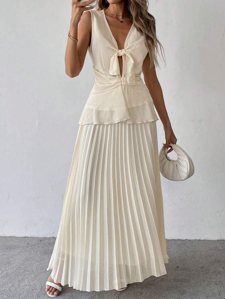 CM-SS655843 Women Elegant Seoul Style Solid Color Tie-Front Vest With Pleated Long Skirt - Set