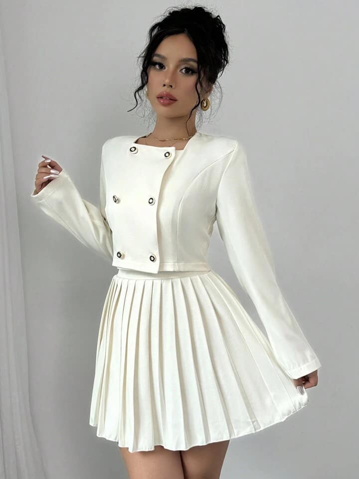 CM-SS109082 Women Casual Seoul Style Button Up Long Sleeve Top With Pleated Skirt - Set