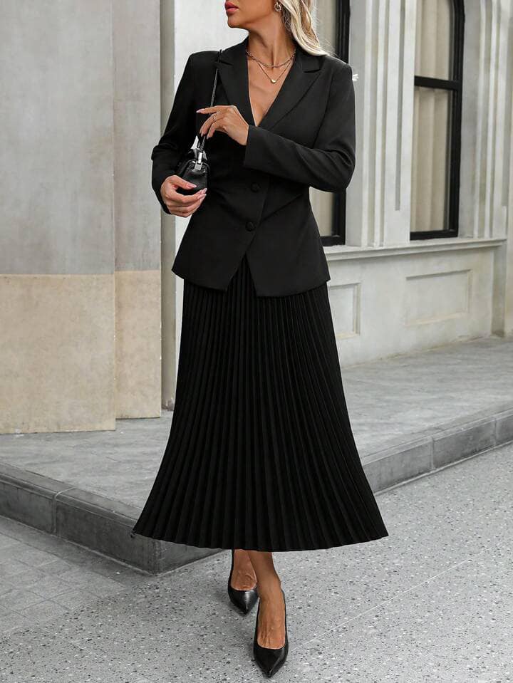 CM-SS118215 Women Elegant Seoul Style Fitted Long Sleeve Blazer Jacket With Pleated Maxi Skirt - Set