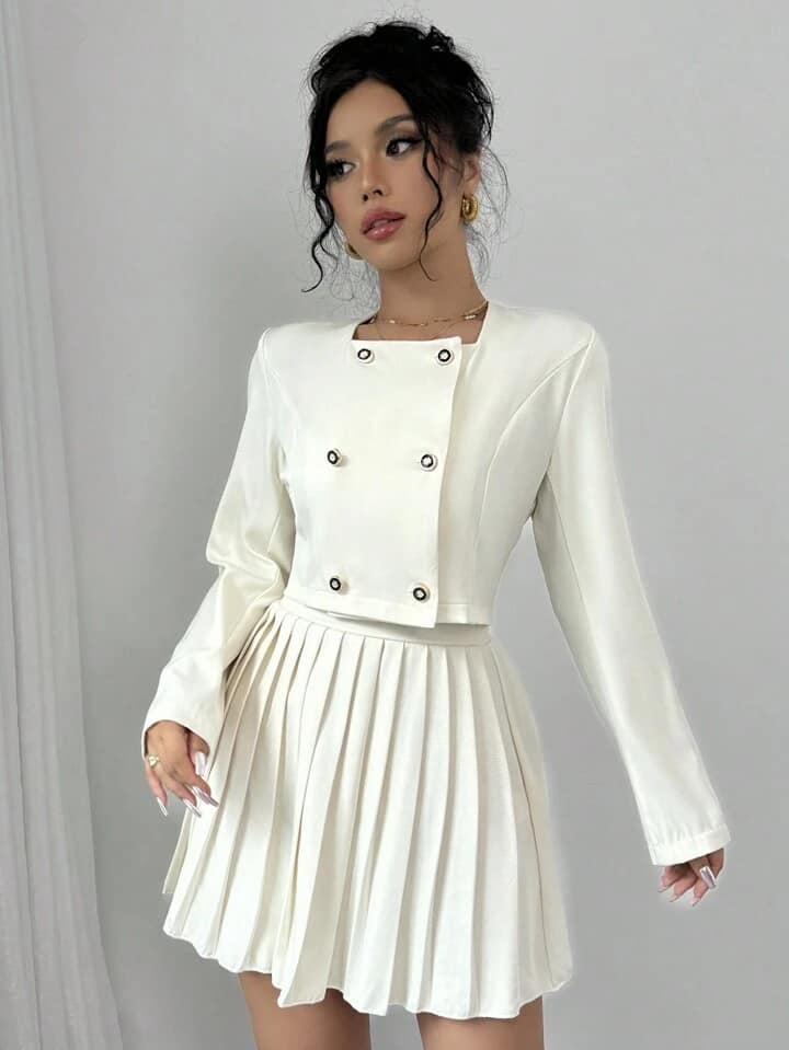 CM-SS109082 Women Casual Seoul Style Button Up Long Sleeve Top With Pleated Skirt - Set