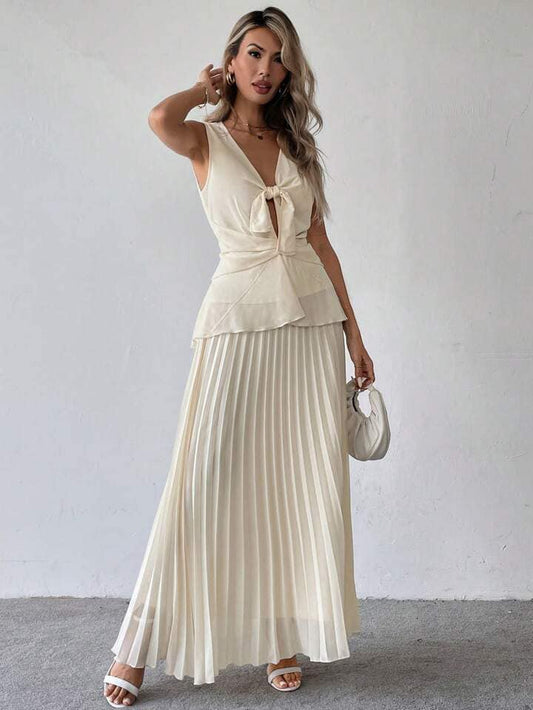 CM-SS655843 Women Elegant Seoul Style Solid Color Tie-Front Vest With Pleated Long Skirt - Set