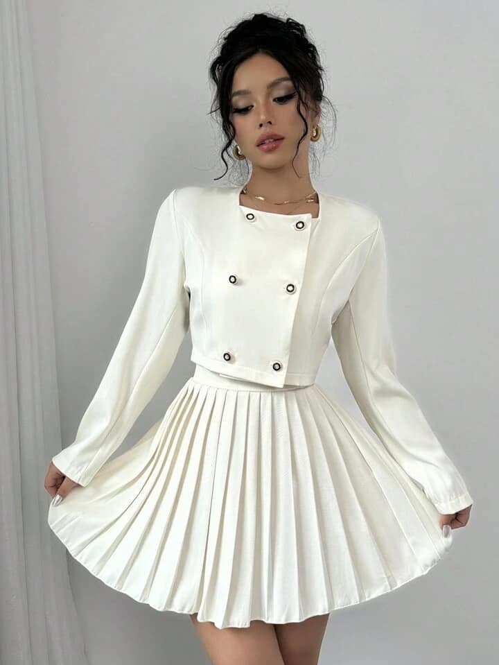 CM-SS109082 Women Casual Seoul Style Button Up Long Sleeve Top With Pleated Skirt - Set