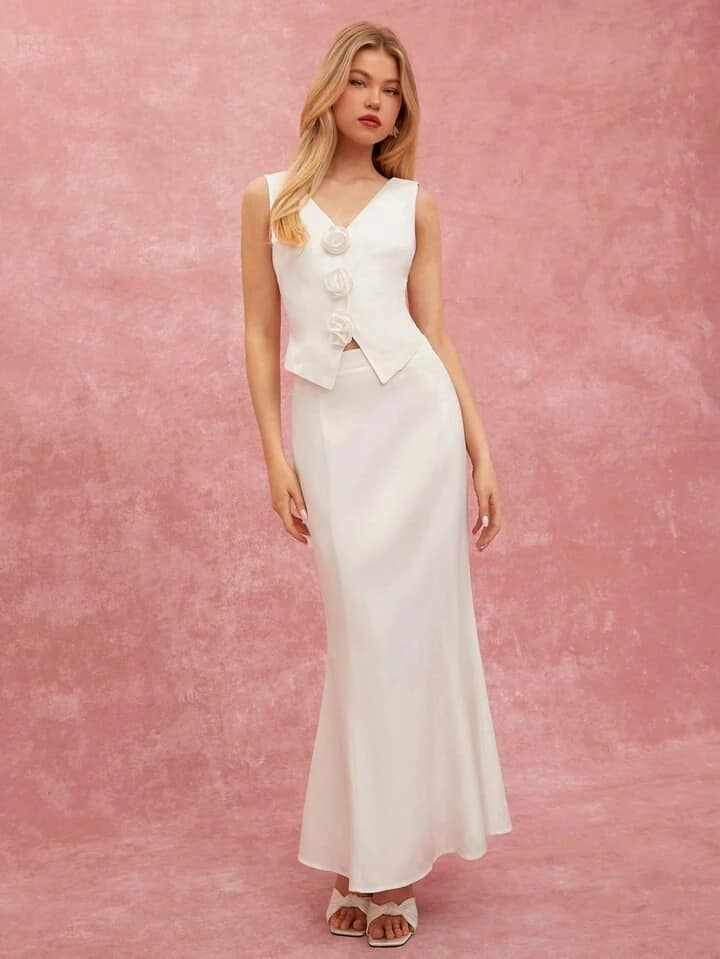 CM-SS254996 Women Elegant Seoul Style V-Neck 3D Rose Decor Vest With Long Mermaid Hem Maxi Skirt - Set