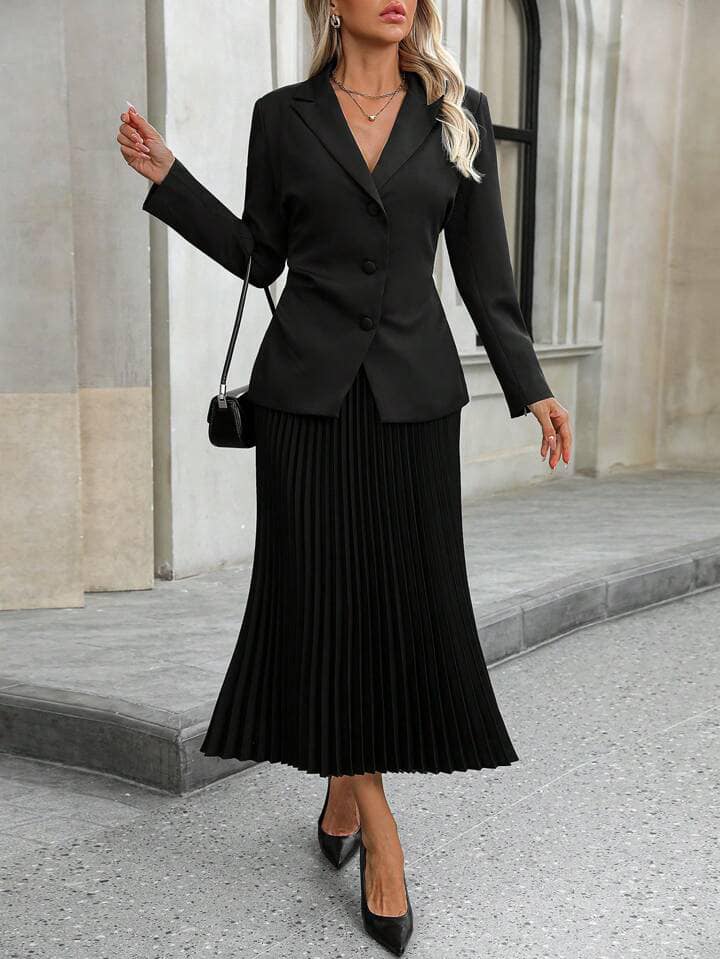 CM-SS118215 Women Elegant Seoul Style Fitted Long Sleeve Blazer Jacket With Pleated Maxi Skirt - Set