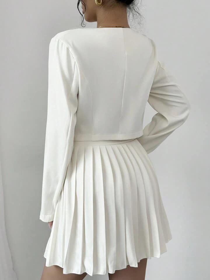 CM-SS109082 Women Casual Seoul Style Button Up Long Sleeve Top With Pleated Skirt - Set