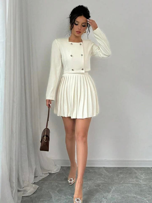 CM-SS109082 Women Casual Seoul Style Button Up Long Sleeve Top With Pleated Skirt - Set