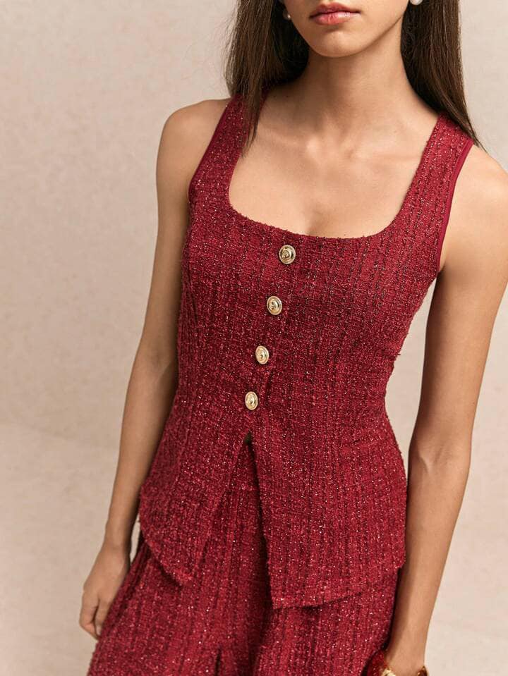 CM-SS135001 Women Casual Seoul Style Metal Button Embellishment Split Square Neck Sleeveless Vest With Pants - Set