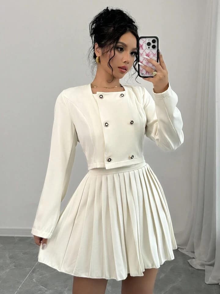 CM-SS109082 Women Casual Seoul Style Button Up Long Sleeve Top With Pleated Skirt - Set