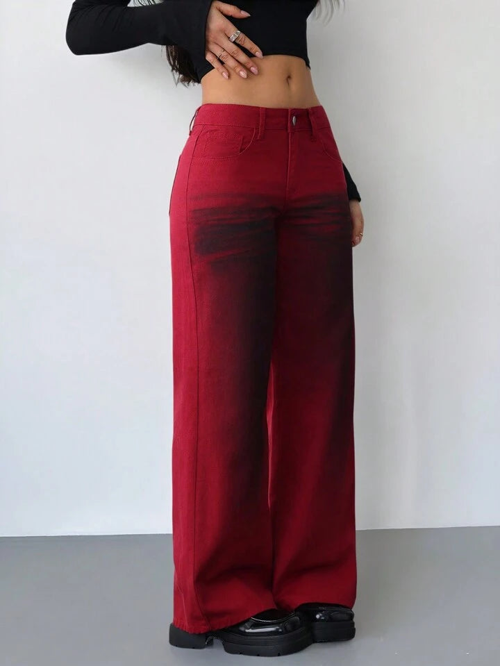 CM-BS522457 Women Casual Seoul Style Low Rise Jeans Dirty Vintage Wide Leg Jeans - Burgundy
